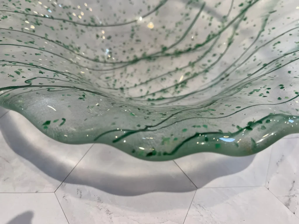 Clear Bowl with Green Stringers, Crushed Glass and Ruffled Edges 10" Round - Image 3