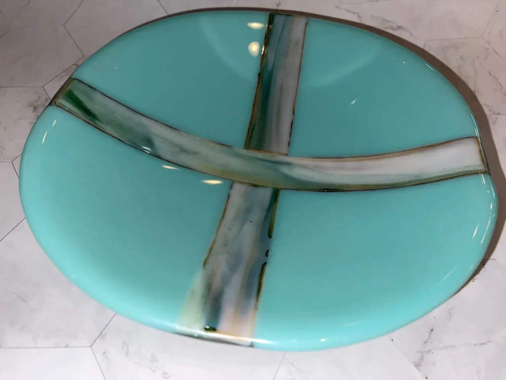 Mint Green Bowl with Green, Cream, and Brown Touches 8.5″ Round - Fused Glass