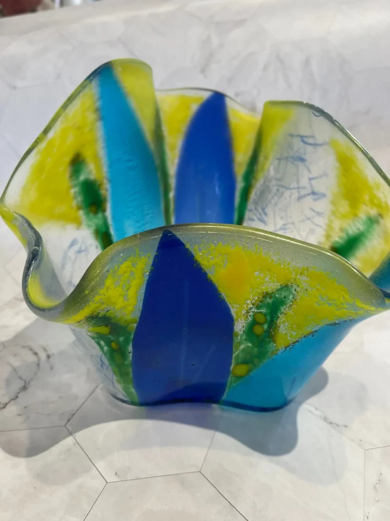 Asymmetrical blue and yellow vase with ruffled edges 8″ x 7″ - Fused Glass