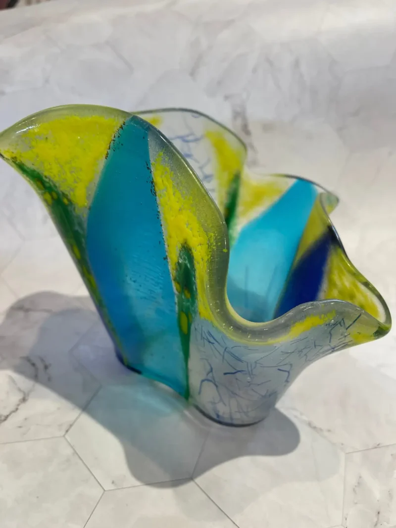 Asymmetrical blue and yellow vase with ruffled edges 8" x 7" - Image 2