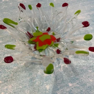 Glass bowl with holes – clear, red and green 9″ x 9″ - Fused Glass