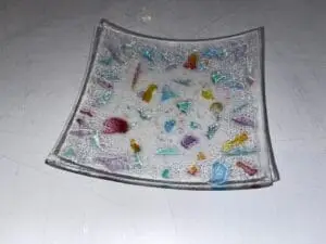 Small dish - clear with multi-colored small pieces 4.5" Square