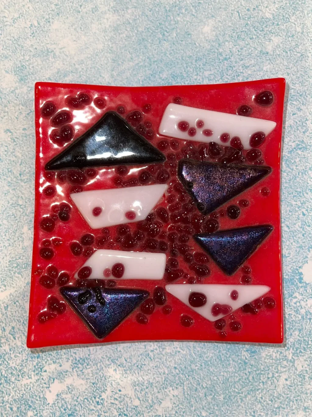 Small Red Dish with black and white accents 4″ x 4.5 - Fused Glass