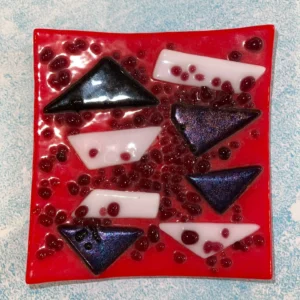 Small Red Dish with black and white accents 4″ x 4.5 - Fused Glass