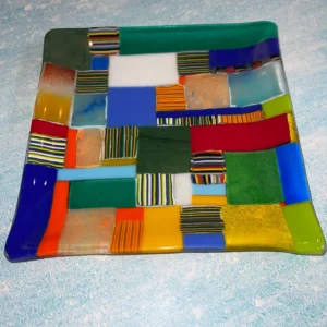 Multi-colored plate with geometric designs 9.5″ x 9.5″ Square - Fused Glass