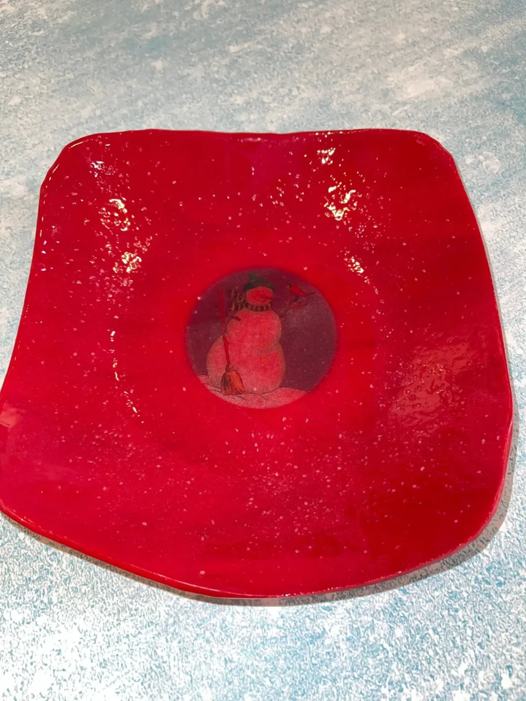 Red dish with snowman 8″ x 8″ Square - Fused Glass