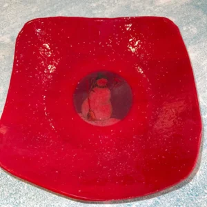 Red dish with snowman 8″ x 8″ Square - Fused Glass