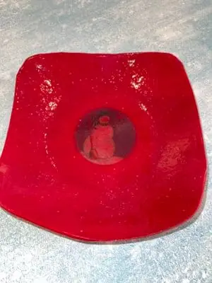 Red dish with snowman 8" x 8" Square