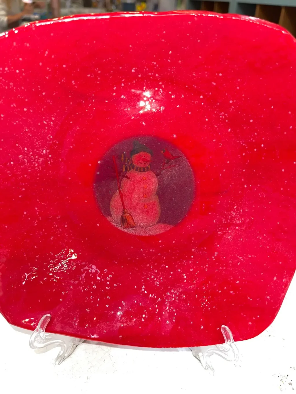 Red dish with snowman 8" x 8" Square - Image 3