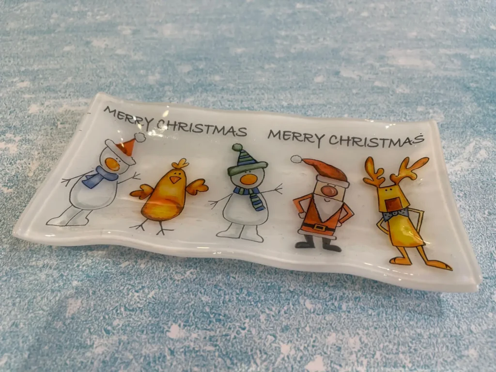 Merry Christmas Tray – white with Christmas characters 8″ x 4″ - Fused Glass