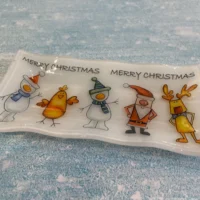 Merry Christmas Tray – white with Christmas characters 8″ x 4″ - Fused Glass