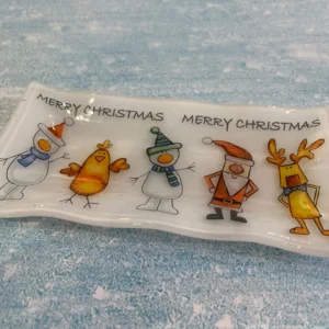 Merry Christmas Tray – white with Christmas characters 8″ x 4″ - Fused Glass