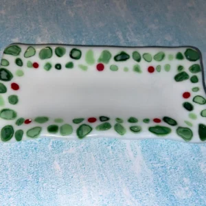 Christmas Tray – white with green and red 8″ x 4″ - Fused Glass