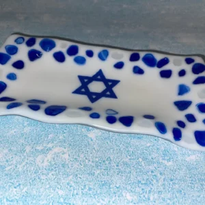 Jewish Star Tray – white with blue 8″ x 4″ - Fused Glass