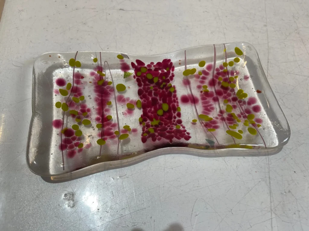 Clear tray with cranberry and lime green 8″ x 4″ - Fused Glass