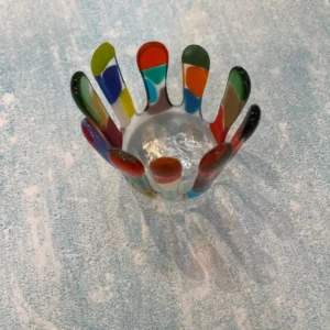 Votive candle holder – multi-colored fused glass 3.5″ round - Fused Glass