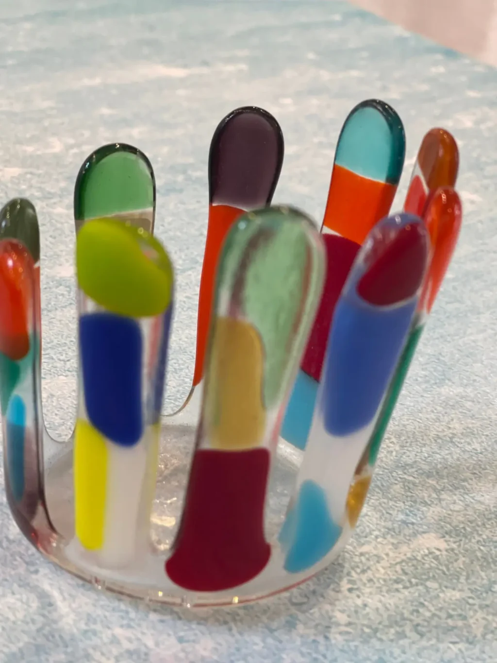 Votive candle holder - multi-colored fused glass 3.5" round - Image 3