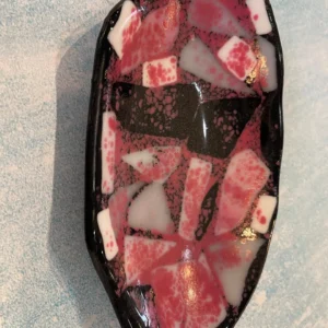 Black oblong dish with pink and white accents 8″ x 4″ - Fused Glass