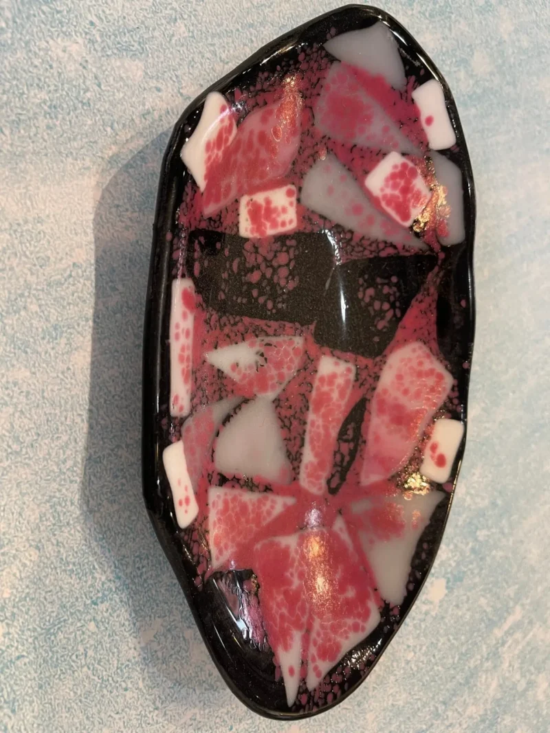 Black oblong dish with pink and white accents 8″ x 4″ - Fused Glass