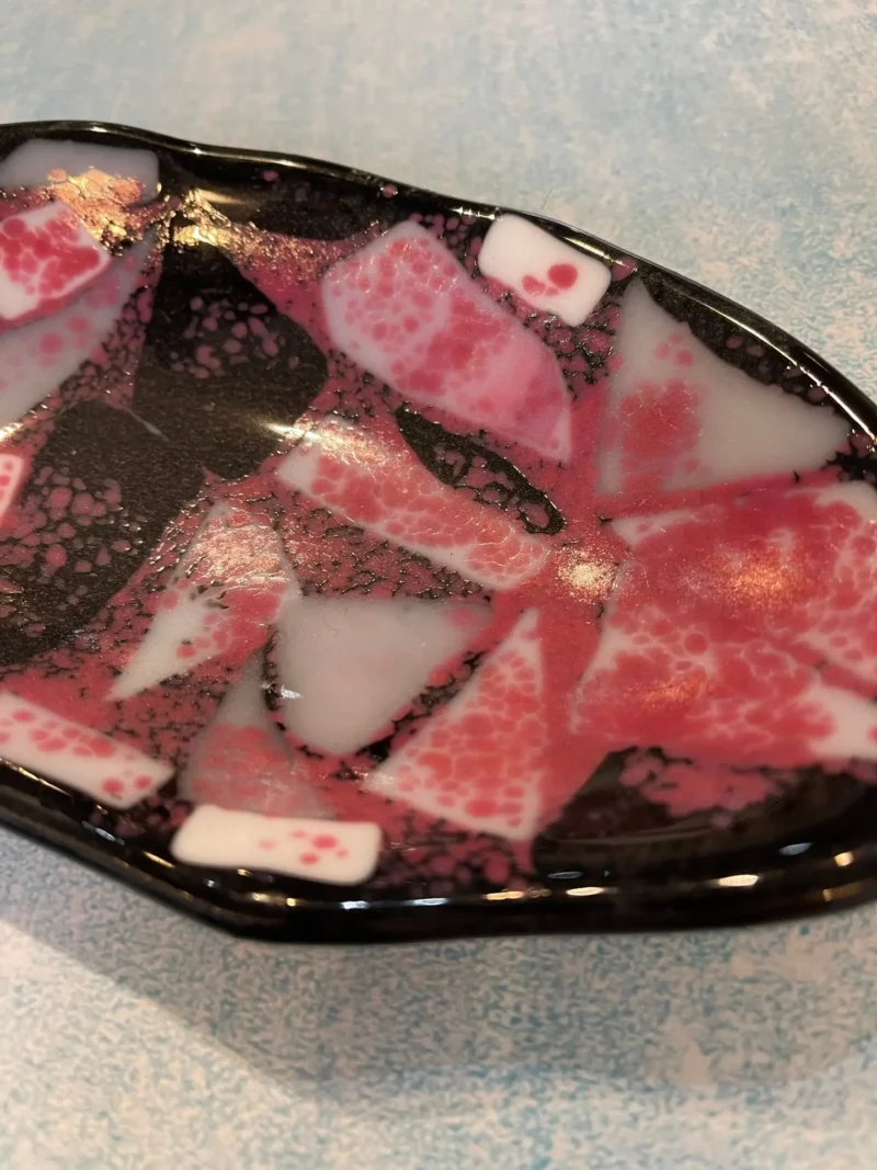 Black oblong dish with pink and white accents 8" x 4" - Image 2
