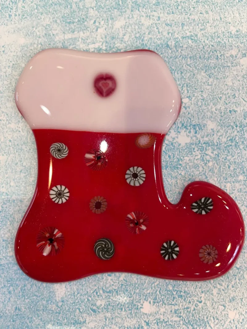 Christmas Heart Stocking with spiral designs 5″ x 5″ - Fused Glass