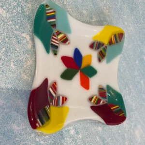 White Dish with multi-colors 6″ Square - Fused Glass