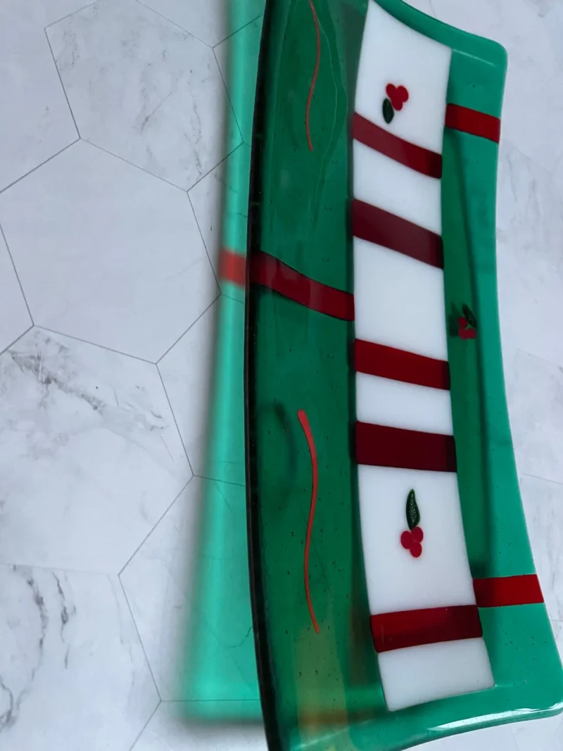 Christmas Tray - transparent green with red stripes and holly accents 14" x 6.5" - Image 2