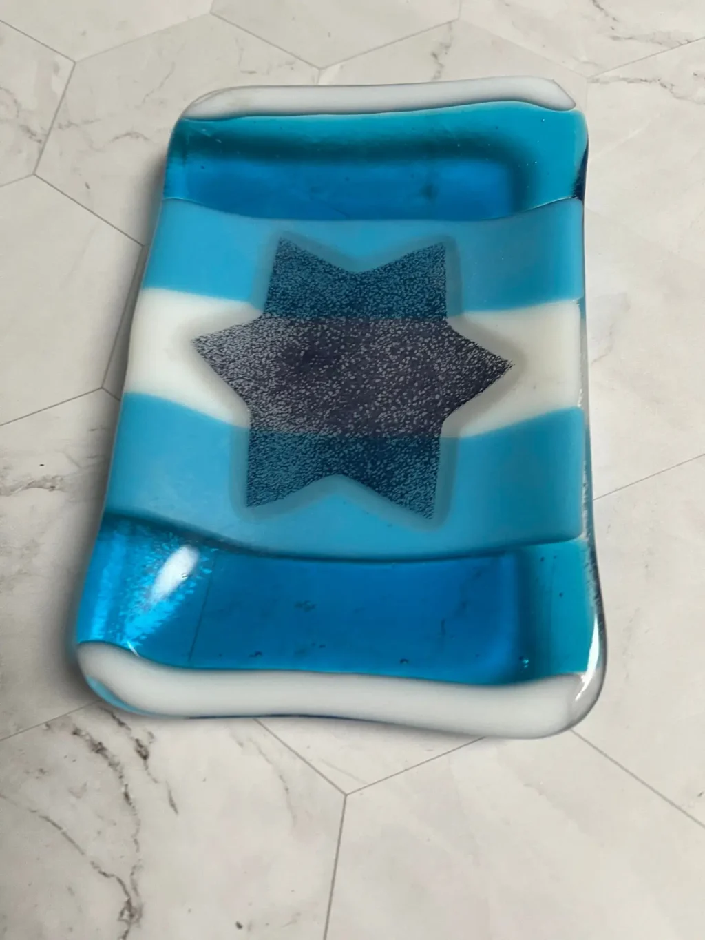 Star of David small tray with blue and white stripes 6″ x 4″ - Fused Glass