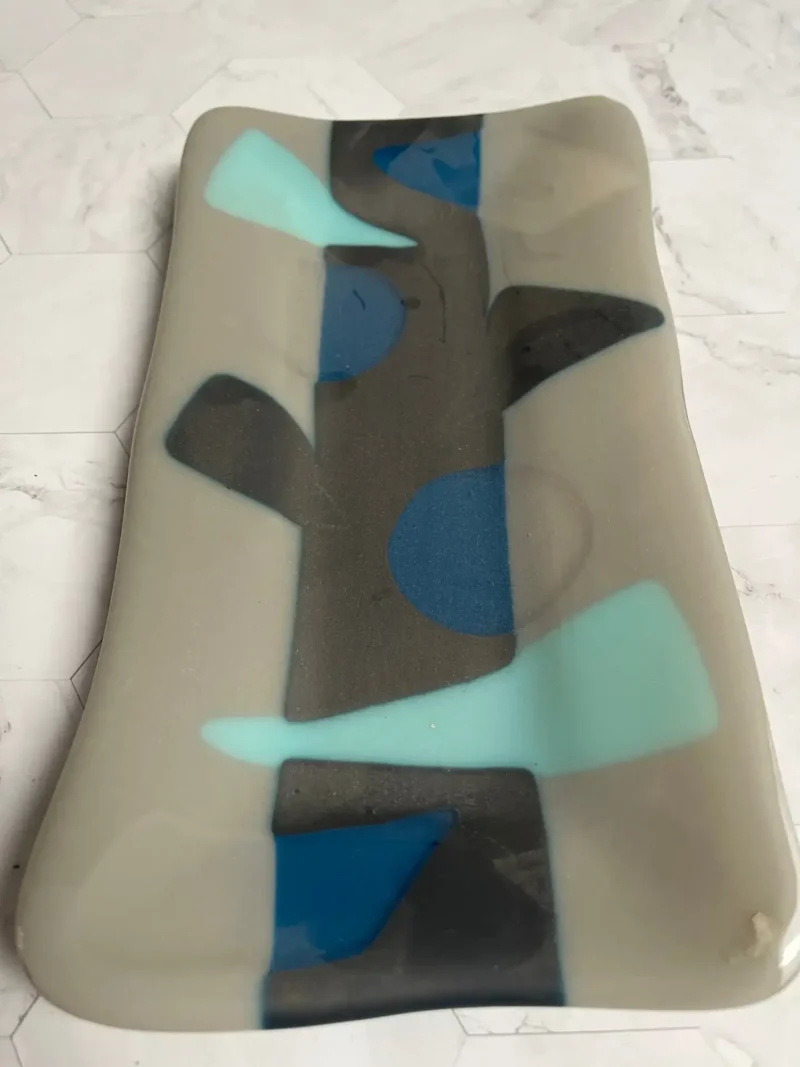 Tray Light and Dark Gray with Aqua and Blue geometric shapes 10″ x 5″ - Fused Glass