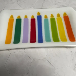 White tray with Menorah candles 12″ x 6″ - Fused Glass