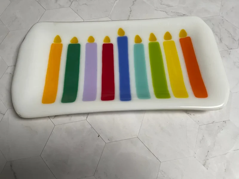 White tray with Menorah candles 12″ x 6″ - Fused Glass
