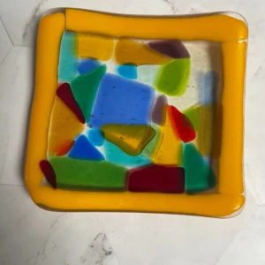 Multi-Colored Small Dish with Yellow Border 4″ x 4″ - Fused Glass