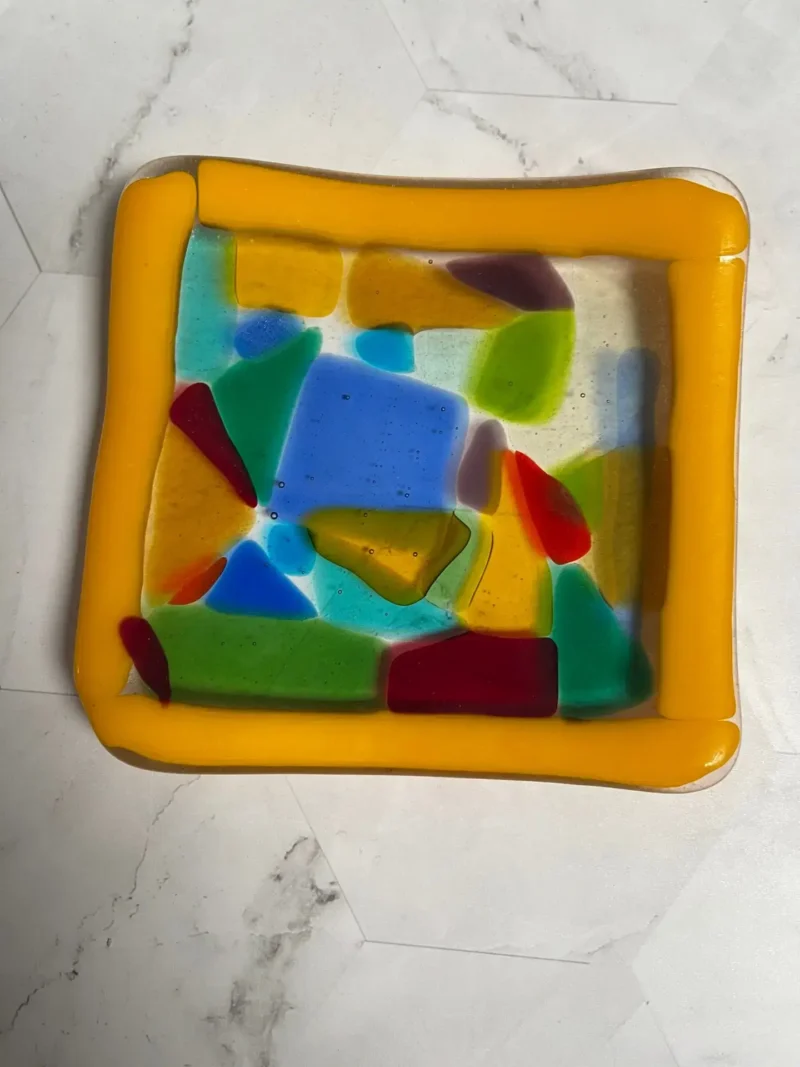 Multi-Colored Small Dish with Yellow Border 4″ x 4″ - Fused Glass