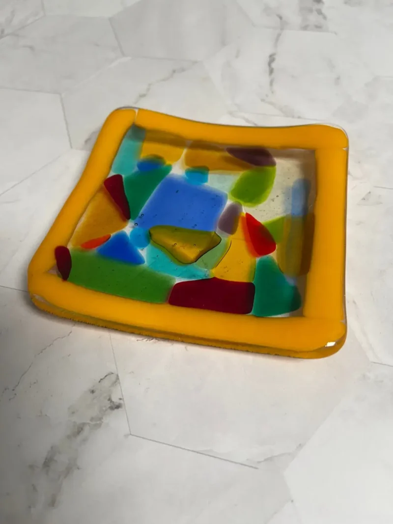 Multi-Colored Small Dish with Yellow Border 4" x 4" - Image 3