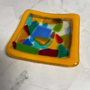 Yellow Edge and Colorful Coaster - Fused Glass