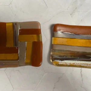 Small Dish Set – Transparent caramel with white and taupe accents 4″ x 4″ - Fused Glass