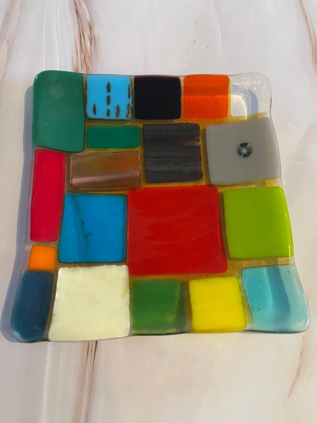 Small Dish Multi-colored squares 6″ Square - Fused Glass