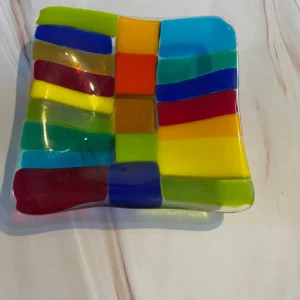 Small Dish with Multi-colored transparent strips 5″ x 5″ - Fused Glass