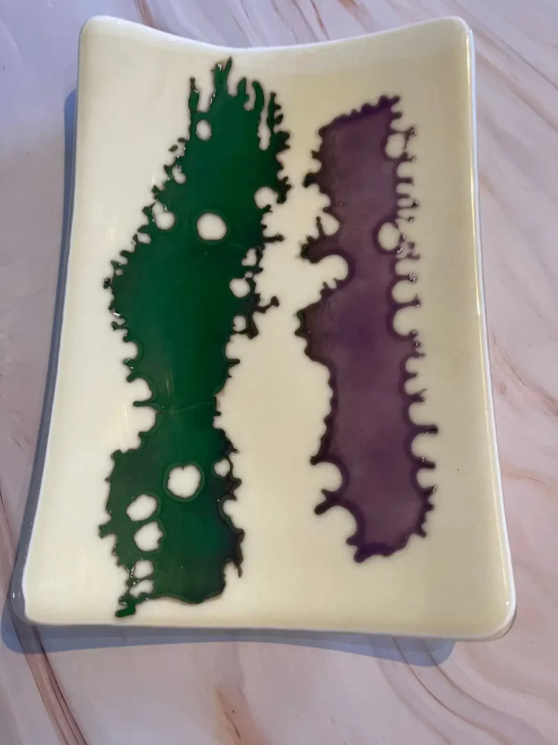 Cream Tray with Green and Purple Abstract Design 10″ x 7″ - Fused Glass