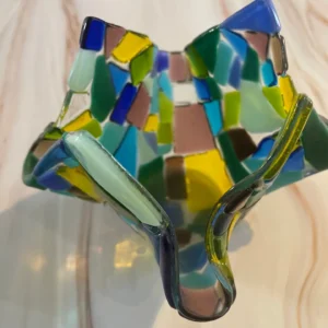 Multi-Colored Mosaic-Style Votive Holder 6″ x 6″ - Fused Glass