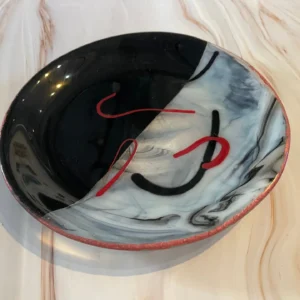 Plate – Black, White, Gray and Red 9″ - Fused Glass