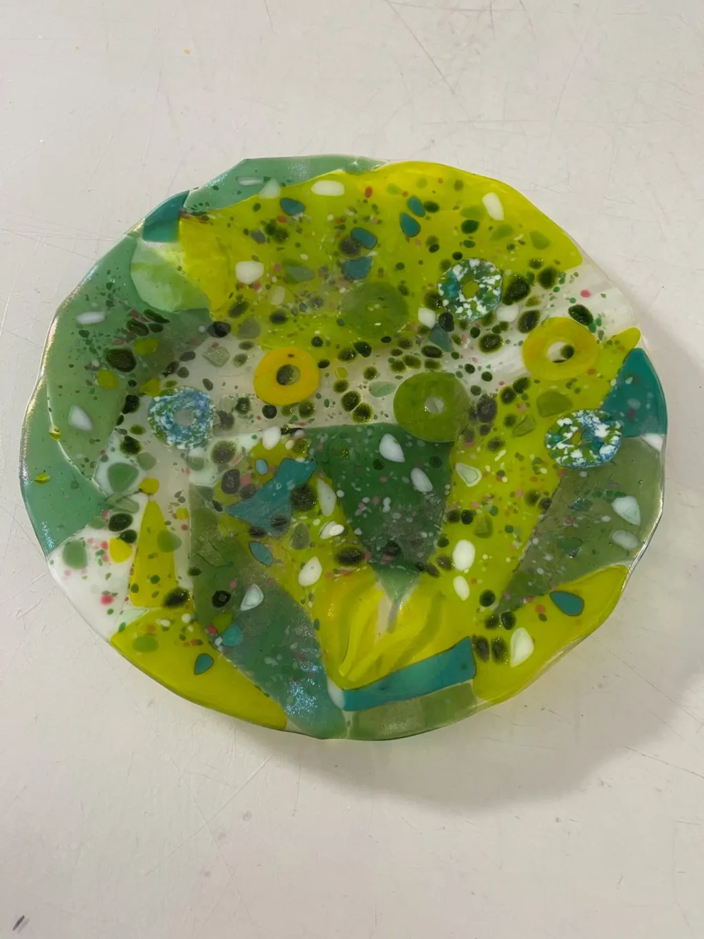 Plate – Green and Multi-Colored with Ruffled Edges 9” Round - Fused Glass