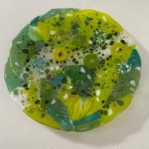 Plate – Green and Multi-Colored with Ruffled Edges 9” Round - Fused Glass