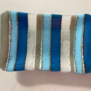 Small Striped Dish of Blues and Grays 4″ x 6″ - Fused Glass