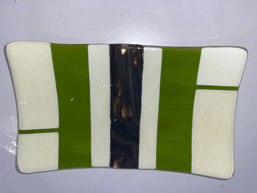 Green and Cream Striped Tray 12″ x 7″ - Fused Glass