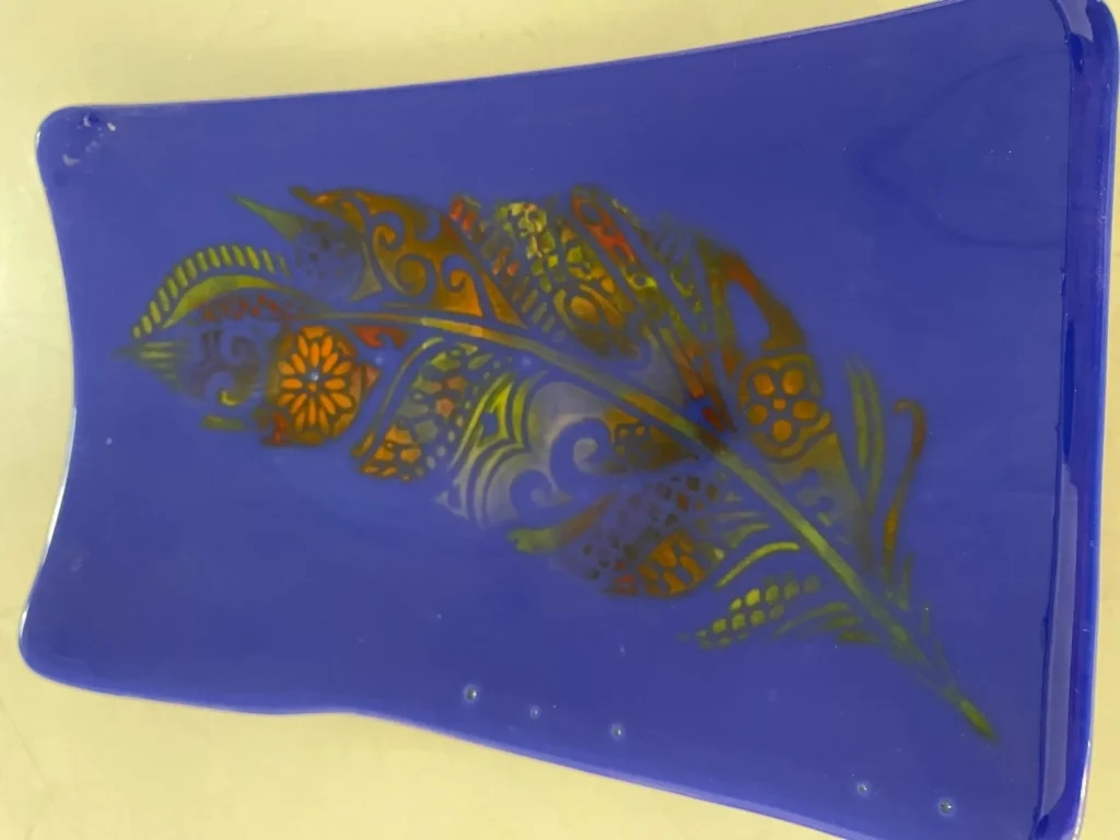 Blue Tray with Leaf Design 12″ x 7″ - Fused Glass