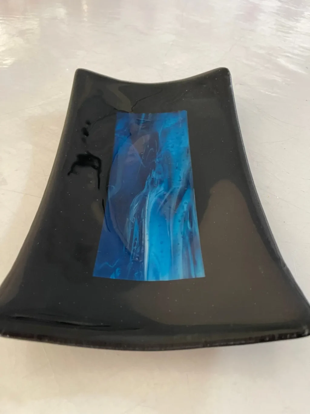 Black with Blue Center Tray 12″ x 7″ - Fused Glass