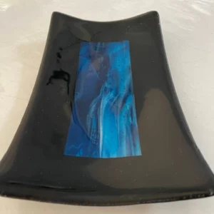 Black with Blue Center Tray 12″ x 7″ - Fused Glass