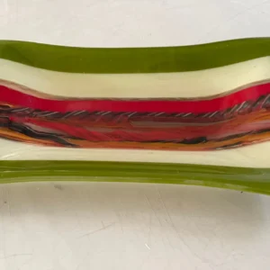 Green and Cream Tray with Red, Black and Brown Center 12″ x 7″ - Fused Glass