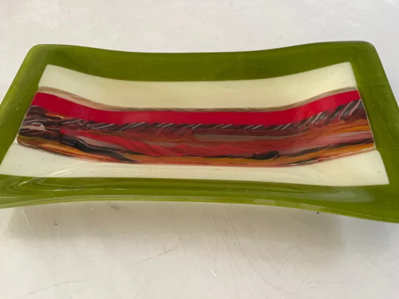 Green and Cream Tray with Red, Black and Brown Center 12″ x 7″ - Fused Glass